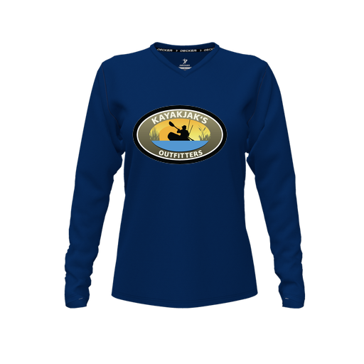 [CUS-DFW-TEES-PER-VNK-LSL-NVY-FYXS-LOGO3] Decker Performance T-Shirt (Female Youth XS, Navy, V Neck, Logo 3, Long Sleeve)