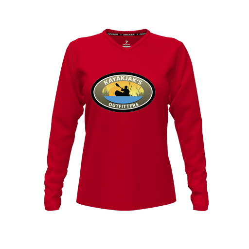 [CUS-DFW-TEES-PER-VNK-LSL-RED-FYXS-LOGO3] Decker Performance T-Shirt (Female Youth XS, Red, V Neck, Logo 3, Long Sleeve)