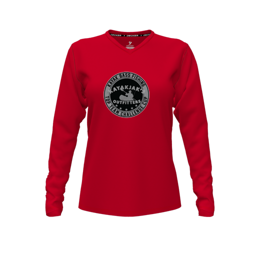 [CUS-DFW-TEES-PER-VNK-LSL-RED-FYXS-LOGO2] Decker Performance T-Shirt (Female Youth XS, Red, V Neck, Logo 2, Long Sleeve)